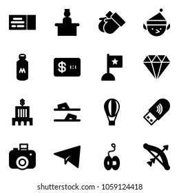 Solid vector icon set - ticket vector, recieptionist, gloves, christmas elf, milk, credit card, flag, diamond, bank building, flip flops, air balloon, usb wi fi, camera, paper plane, yoyo, bow