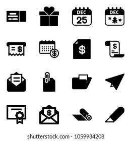 Solid vector icon set - ticket vector, gift, 25 dec calendar, christmas, receipt, account statement, history, opened mail, attachment, folder, paper plane, certificate, dollar, mat, work knife