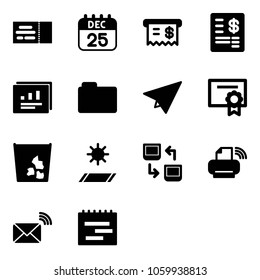 Solid vector icon set - ticket vector, 25 dec calendar, receipt, account statement, statistics report, folder, paper plane, certificate, garbage, mat, data exchange, printer wireless, mail