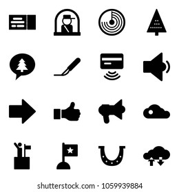 Solid vector icon set - ticket vector, officer window, radar, christmas tree, merry message, scalpel, tap pay, low volume, right arrow, like, megaphone, cloud, win, flag, luck, exchange data