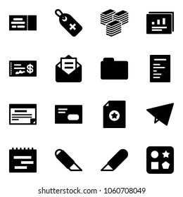 Solid vector icon set - ticket vector, medical label, big cash, statistics report, check, opened mail, folder, document, schedule, envelope, certificate, paper fly, terms plan, work knife