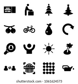 Solid vector icon set - ticket vector, baby room, christmas tree, rowanberry, bike, pear, redo, head hunter, success, sun, palm, information exchange, fingerprint scanner, circuit, oiler