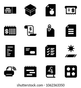 Solid vector icon set - ticket vector, gift, diet list, receipt, finance calendar, account history, attachment, document, envelope, mat, printer wireless, terms plan, abc book, cube hole toy