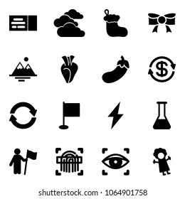 Solid vector icon set - ticket vector, clouds, christmas sock, bow, mountains, heart, eggplant, dollar exchange, flag, lightning, flask, win, fingerprint scanner, eye, doll