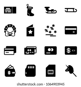 Solid vector icon set - ticket vector, christmas sock, sleigh, wreath, star postcard, sale, credit card, finance management, micro flash, sim, toy unicorn stick