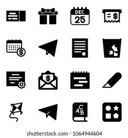 Solid vector icon set - ticket vector, gift, 25 dec calendar, receipt, paper fly, agreement, garbage, certificate, mail dollar, terms plan, work knife, kite, plane, abc book, cube hole toy