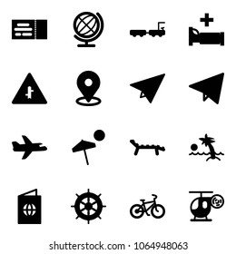 Solid vector icon set - ticket vector, globe, baggage truck, hospital bed, intersection road sign, map pin, paper plane, fly, beach, lounger, palm, passport, hand wheel, bike, helicopter toy