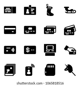 Solid vector icon set - ticket vector, identity, christmas sock, sleigh, credit card, tap pay, atm, photo, micro flash, toy unicorn stick