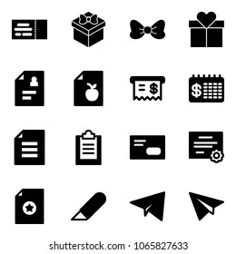 Solid vector icon set - ticket vector, gift, bow, patient card, diet list, receipt, finance calendar, document, clipboard, envelope, certificate, work knife, paper plane