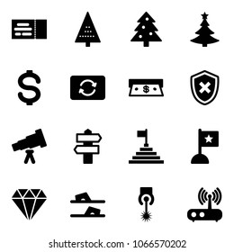 Solid vector icon set - ticket vector, christmas tree, dollar, card exchange, cash, shield cross, telescope, signpost, pyramid flag, diamond, flip flops, laser, wi fi router