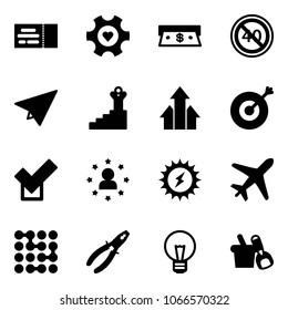 Solid vector icon set - ticket vector, heart gear, cash, end minimal speed limit road sign, paper plane, success, arrows up, target, check, star man, sun power, circuit, pliers, bulb, shovel bucket