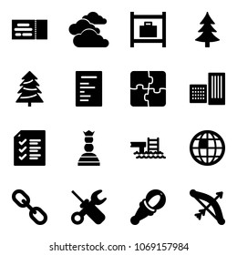 Solid vector icon set - ticket vector, clouds, baggage room, christmas tree, document, puzzle, building, list, chess queen, pool, globe, link, wrench screwdriver, beanbag, bow