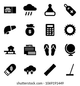 Solid vector icon set - ticket vector, storm, christmas hat, medical label, liver, money bag, calculator, sun, bungalow, sea hotel, flip flops, globe, usb wi fi, cloud exchange data, level, rake