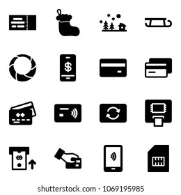 Solid vector icon set - ticket vector, christmas sock, landscape, sleigh, wreath, mobile payment, credit card, tap pay, exchange, atm, sim