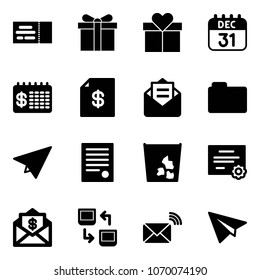 Solid vector icon set - ticket vector, gift, 31 dec calendar, finance, account statement, opened mail, folder, paper plane, agreement, garbage, certificate, dollar, data exchange, wireless