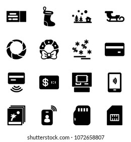 Solid vector icon set - ticket vector, christmas sock, landscape, sleigh, wreath, sale, credit card, tap pay, atm, mobile payment, photo, identity, micro flash, sim