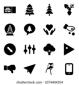 Solid vector icon set - ticket vector, christmas tree, holly, snowball, merry message, heart care, investment, detour road sign, settings, upload cloud, play, dislike, paper plane, kite