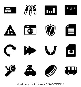 Solid vector icon set - ticket vector, garland, statistics, dollar, round motion road sign, browser globe, shield, document, redo, fast forward, luck, sim, Angular grinder, car toy, tambourine, bus