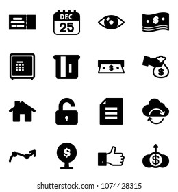 Solid vector icon set - ticket vector, 25 dec calendar, eye, cash, safe, atm, encashment, home, unlocked, document, refresh cloud, chart point arrow, money tree, finger up, dollar growth