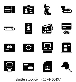 Solid vector icon set - ticket vector, identity, christmas sock, sleigh, mobile payment, credit card, tap pay, exchange, atm, envelope, sim, toy unicorn stick