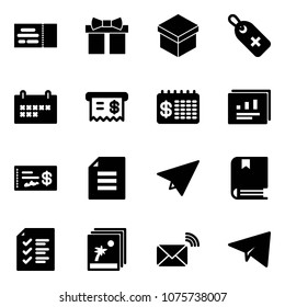 Solid vector icon set - ticket vector, gift, medical label, schedule, receipt, finance calendar, statistics report, check, document, paper plane, book, list, photo, wireless mail