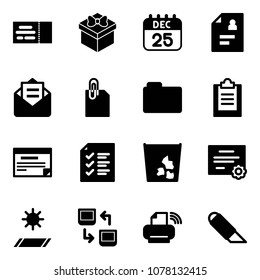 Solid vector icon set - ticket vector, gift, 25 dec calendar, patient card, opened mail, attachment, folder, clipboard, schedule, list, garbage, certificate, mat, data exchange, printer wireless