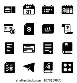 Solid vector icon set - ticket vector, 31 dec calendar, schedule, finance, account statement, statistics report, history, document, agreement, book, list, paper plane, abc, cube hole toy
