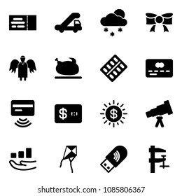 Solid vector icon set - ticket vector, trap truck, snowfall, bow, angel, turkey, pills blister, credit card, tap pay, dollar sun, telescope, growth, kite, usb wi fi, clamp