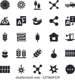 Solid vector icon set - tile flat vector, warm floor, ear, onion, hot peppers, pickup truck, flower, oil pumping, laser, molecules, molecule, spark, spike, sun fector, house, translate, chat