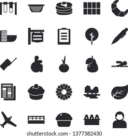 Solid vector icon set - tile flat vector, colander, spice, pancakes, croissant, cupcake, onion, pear, tree, flower, leaf, forest, signboard, news, disabled, clipboard, meeting, pen, beakers, luggage