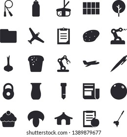 Solid vector icon set - tile flat vector, jugful, potato, onion, cake, bread, mushroom, sashimi, orange, tree, news, clipboard, computer file, tie, pen, industrial robot, weight, diet, skipping rope