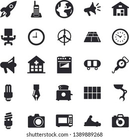 Solid vector icon set - tile flat vector, flooring, spring balance, electric stove, microwave, toaster, mouthpiece, clock, warehouse, hospital, massage, ink pen, telephone, office chair, robot hand