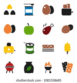 solid vector icon set - toaster vector, bbq, cereal, egg, potato, chicken leg, diet, sports nutrition, breads