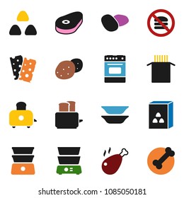 solid vector icon set - toaster vector, oven, double boiler, plates, cereal, pasta, potato, steak, chicken leg, breads, no fastfood, bone