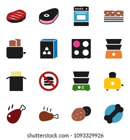 solid vector icon set - toaster vector, oven, double boiler, cereal, pasta, potato, steak, chicken leg, breads, no fastfood, bone