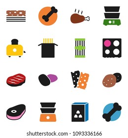 solid vector icon set - toaster vector, oven, double boiler, cereal, pasta, potato, steak, chicken leg, breads, bone