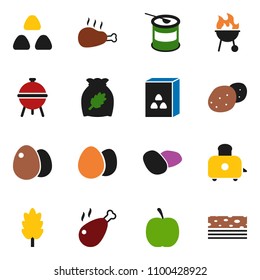 solid vector icon set - toaster vector, bbq, cereal, egg, potato, chicken leg, diet, sports nutrition, breads