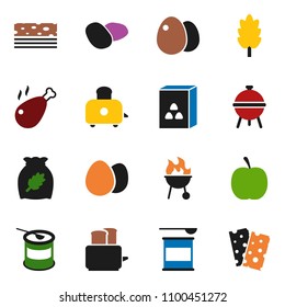 solid vector icon set - toaster vector, bbq, cereal, egg, potato, chicken leg, diet, sports nutrition, breads