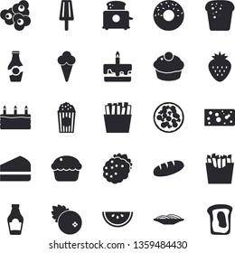 Solid vector icon set - toaster flat vector, ketchup, cheese, bread, watermelon, spaghetti, pizza, cupcake, piece of cake, donut, French fries, popcorn, ice cream, cranberry, Strawberry, blackberry