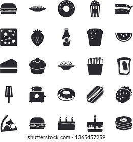 Solid vector icon set - toaster flat vector, cheese, bread, watermelon, spaghetti, hamburger, hot dog, pizza, cupcake, piece of cake, donut, French fries, popcorn, ice cream, Strawberry, blackberry