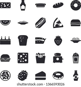 Solid vector icon set - toaster flat vector, ketchup, cheese, bread, watermelon, spaghetti, hamburger, hot dog, pizza, piece of cake, donut, French fries, popcorn, Strawberry, blackberry
