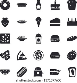 Solid vector icon set - toaster flat vector, ketchup, cheese, bread, watermelon, spaghetti, hamburger, hot dog, pizza, piece of cake, donut, popcorn, ice cream, Strawberry, blackberry, sandwich