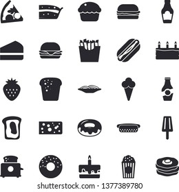 Solid vector icon set - toaster flat vector, ketchup, cheese, bread, spaghetti, hamburger, hot dog, pizza, cupcake, piece of cake, donut, French fries, popcorn, ice cream, Strawberry, sandwich