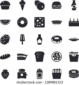 Solid vector icon set - toaster flat vector, ketchup, cheese, bread, watermelon, spaghetti, hamburger, hot dog, pizza, cupcake, piece of cake, donut, French fries, popcorn, ice cream, cranberry