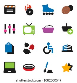 solid vector icon set - toilet brush vector, foam basin, garbage pile, sieve, potato, roller Skates, cinema clap, music hit, settings, notebook pc, disabled, office building, tv, shopping bag, star