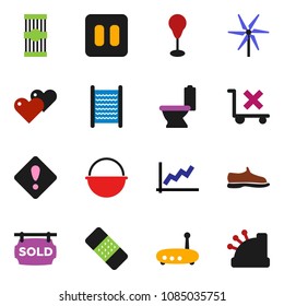 solid vector icon set - toilet vector, washboard, camping cauldron, pasta, graph, punching bag, snickers, no trolley, heart, pause button, patch, router, attention sign, windmill, sold signboard