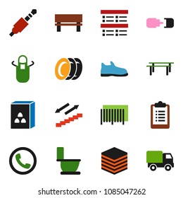 solid vector icon set - toilet vector, plates, apron, cereal, exam, clipboard, horizontal bar, snickers, stairways run, jack, big data, bench, connection, phone, barcode, delivery