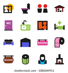solid vector icon set - toilet vector, paper, water closet, sink, cleaner woman, hospital bed, barn, plan, rooms signboard, cushioned furniture, fireplace