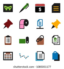 solid vector icon set - toilet paper vector, pen, schedule, pin, document, constellation, dollar calendar, clipboard, fitness mat, network, attachment, estate, gift, shopping bag