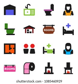 solid vector icon set - toilet vector, paper, water closet, sink, cleaner woman, hospital bed, barn, plan, rooms signboard, fireplace